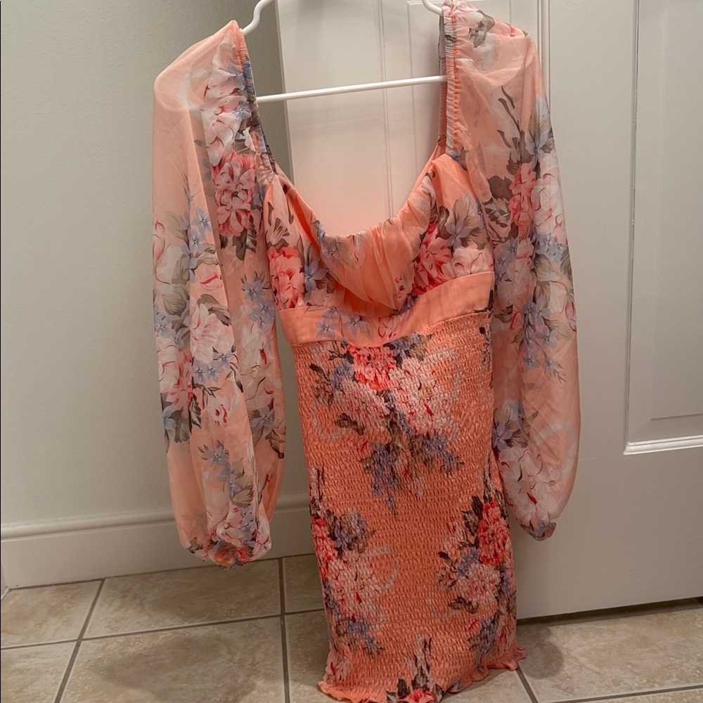 Floral Peach Dress with Sheer Sleeves